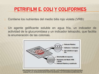 PETRIFILM E. COLI Y COLIFORMES 
Contiene los nutrientes del medio bilis rojo violeta (VRB): 
Un agente gelificante soluble en agua fría, un indicador de 
actividad de la glucuronidasa y un indicador tetrazolio, que facilita 
la enumeración de las colonias. 
http://solutions.3m.com.mx/wps/portal/3M/es_MX/FSD_LA/FoodSafety/product-information/product-catalog/? 
PC_Z7_RJH9U5230GUIE0IHTB4RIT0SH6000000_nid=C0WJ62882Vbe29BDXSBJ7Fgl 
 