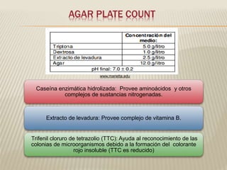 AGAR PLATE COUNT 
www.marietta.edu 
Caseína enzimática hidrolizada: Provee aminoácidos y otros 
complejos de sustancias nitrogenadas. 
Extracto de levadura: Provee complejo de vitamina B. 
Trifenil cloruro de tetrazolio (TTC): Ayuda al reconocimiento de las 
colonias de microorganismos debido a la formación del colorante 
rojo insoluble (TTC es reducido) 
 