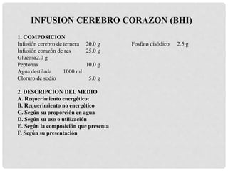 1. COMPOSICION
Infusión cerebro de ternera 20.0 g Fosfato disódico 2.5 g
Infusión corazón de res 25.0 g
Glucosa2.0 g
Peptonas 10.0 g
Agua destilada 1000 ml
Cloruro de sodio 5.0 g
2. DESCRIPCION DEL MEDIO
A. Requerimiento energético:
B. Requerimiento no energético
C. Según su proporción en agua
D. Según su uso o utilización
E. Según la composición que presenta
F. Según su presentación
INFUSION CEREBRO CORAZON (BHI)
 