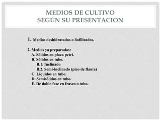 MEDIOS DE CULTIVO
SEGÚN SU PRESENTACION
1. Medios deshidratados o liofilizados.
2. Medios ya preparados:
A. Sólidos en placa petri.
B. Sólidos en tubo.
B.1. Inclinado
B.2. Semi-inclinado (pico de flauta)
C. Líquidos en tubo.
D. Semisólidos en tubo.
E. De doble fase en frasco o tubo.
 