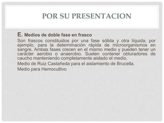 POR SU PRESENTACION
E. Medios de doble fase en frasco
Son frascos constituidos por una fase sólida y otra líquida, por
ejemplo, para la determinación rápida de microorganismos en
sangre. Ambas fases crecen en el mismo medio y pueden tener un
carácter aerobio o anaerobio. Suelen contener obturadores de
caucho manteniendo completamente aislado el medio.
Medio de Ruiz Castañeda para el aislamiento de Brucella.
Medio para Hemocultivo
 