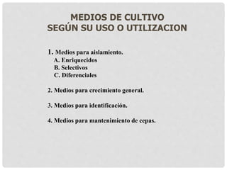 MEDIOS DE CULTIVO
SEGÚN SU USO O UTILIZACION
1. Medios para aislamiento.
A. Enriquecidos
B. Selectivos
C. Diferenciales
2. Medios para crecimiento general.
3. Medios para identificación.
4. Medios para mantenimiento de cepas.
 
