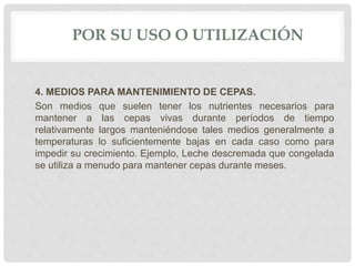 POR SU USO O UTILIZACIÓN
4. MEDIOS PARA MANTENIMIENTO DE CEPAS.
Son medios que suelen tener los nutrientes necesarios para
mantener a las cepas vivas durante períodos de tiempo
relativamente largos manteniéndose tales medios generalmente a
temperaturas lo suficientemente bajas en cada caso como para
impedir su crecimiento. Ejemplo, Leche descremada que congelada
se utiliza a menudo para mantener cepas durante meses.
 
