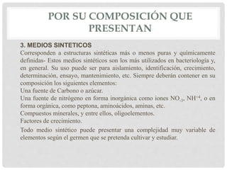 POR SU COMPOSICIÓN QUE
PRESENTAN
3. MEDIOS SINTETICOS
Corresponden a estructuras sintéticas más o menos puras y químicamente
definidas- Estos medios sintéticos son los más utilizados en bacteriología y,
en general. Su uso puede ser para aislamiento, identificación, crecimiento,
determinación, ensayo, mantenimiento, etc. Siempre deberán contener en su
composición los siguientes elementos:
Una fuente de Carbono o azúcar.
Una fuente de nitrógeno en forma inorgánica como iones NO-3, NH+4, o en
forma orgánica, como peptona, aminoácidos, aminas, etc.
Compuestos minerales, y entre ellos, oligoelementos.
Factores de crecimiento.
Todo medio sintético puede presentar una complejidad muy variable de
elementos según el germen que se pretenda cultivar y estudiar.
 