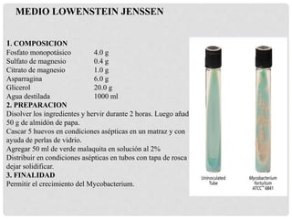 1. COMPOSICION
Fosfato monopotásico 4.0 g
Sulfato de magnesio 0.4 g
Citrato de magnesio 1.0 g
Asparragina 6.0 g
Glicerol 20.0 g
Agua destilada 1000 ml
2. PREPARACION
Disolver los ingredientes y hervir durante 2 horas. Luego añadir
50 g de almidón de papa.
Cascar 5 huevos en condiciones asépticas en un matraz y con
ayuda de perlas de vidrio.
Agregar 50 ml de verde malaquita en solución al 2%
Distribuir en condiciones asépticas en tubos con tapa de rosca y
dejar solidificar.
3. FINALIDAD
Permitir el crecimiento del Mycobacterium.
MEDIO LOWENSTEIN JENSSEN
 