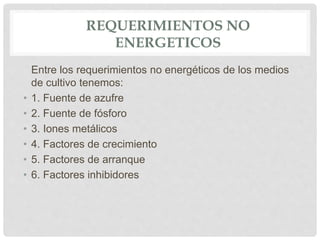 REQUERIMIENTOS NO
ENERGETICOS
Entre los requerimientos no energéticos de los medios
de cultivo tenemos:
• 1. Fuente de azufre
• 2. Fuente de fósforo
• 3. Iones metálicos
• 4. Factores de crecimiento
• 5. Factores de arranque
• 6. Factores inhibidores
 