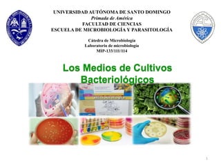 UNIVERSIDAD AUTÓNOMA DE SANTO DOMINGO
Primada de América
FACULTAD DE CIENCIAS
ESCUELA DE MICROBIOLOGÍA Y PARASITOLOGÍA
Cátedra de Microbiología
Laboratorio de microbiología
MIP-133/111/114
1
Los Medios de Cultivos
Bacteriológicos
 