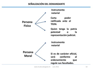 Persona
Física
Instrumento
notarial
SEÑALIZACIÓN DEL DEMANDANTE
Carta poder
ratificada ante el
TFJFA
Quien tenga la patria
potestad o la
representación judicial.
Persona
Moral
Instrumento
notarial
Si es de carácter oficial,
será conforme al
ordenamiento que
regule sus facultades.
www.3cubicoabogados.tk Julio 2016 64
 