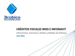 CRÉDITOS FISCALES IMSS E INFONAVIT
Infracciones, Sanciones, Delitos y Medios de Defensa.
Julio 2016
 