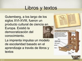 Libros y textos
Gutemberg, a los largo de los
siglos XVI-XVIII, fueron un
producto cultural de ciencia en
Europa. Existió la
democratización del
conocimiento.
La imprenta impulsa un modelo
de escolaridad basado en el
aprendizaje a través de libros y
textos
 