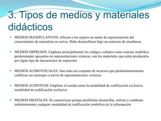 4. Medios y diversidad: los materiales para las necesidades educativas especiales.Los materiales o medios impresos de enseñanza (libros de texto, enciclopedias, cuadernos de lectura, fichas de actividades, cómics, diccionarios, cuentos) son los recursos mas usados en el sistema escolar.Materiales ImpresosLibros ( trabajo escrito impreso, producido y publicado como una unidad independiente)Libros de textoLibros de consultaLos cuadernos de ejercicio y libros de trabajoLos cuentos y libros ilustradosLibros diversos2. Los folletos ( publicación independiente)3. Las publicaciones periódicas ( Medio de comunicación social)4. Los comics (Historia con imágenes secuenciales)