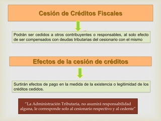 
Cesión de Créditos Fiscales
Efectos de la cesión de créditos
Podrán ser cedidos a otros contribuyentes o responsables, al solo efecto
de ser compensados con deudas tributarias del cesionario con el mismo
Surtirán efectos de pago en la medida de la existencia o legitimidad de los
créditos cedidos.
“La Administración Tributaria, no asumirá responsabilidad
alguna, le corresponde solo al cesionario respectivo y al cedente”
 