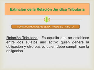 
Relación Tributaria: Es aquella que se establece
entre dos sujetos uno activo quien genera la
obligación y otro pasivo quien debe cumplir con la
obligación
Extinción de la Relación Jurídica Tributaria
FORMA COMO MUERE SE EXTINGUE EL TRIBUTO
 