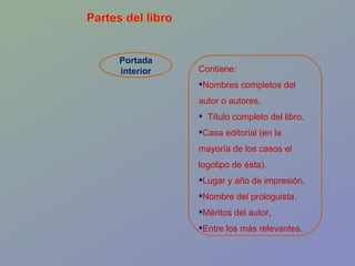 Portada interior Contiene:  Nombres completos del autor o autores,  Título completo del libro,  Casa editorial (en la mayoría de los casos el logotipo de ésta). Lugar y año de impresión,  Nombre del prologuista, Méritos del autor, Entre los más relevantes. 