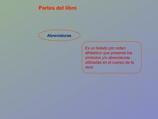 Abreviaturas Es un listado por orden alfabético que presenta los símbolos y/o abreviaturas utilizadas en el cuerpo de la obra.  