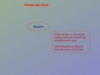 Glosario Parte del libro en el cual se definen términos específicos utilizados en la obra.  Generalmente se ubica al final del cuerpo de la obra. 