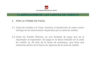 CLASIFICACIÓN DE LAS CARTAS DE CRÉDITO

3. POR LA FORMA DE PAGO.

3.1 Carta de Crédito a la Vista: Autoriza al beneficiario el cobro contra
    entrega de los documentos requeridos por la carta de crédito.

3.2 Carta de Crédito Diferida: es una facilidad de pago que da el
    exportador al importador. Se paga en la fecha indicada en la carta
    de crédito; ej. 60 días de la fecha de embarque, que tiene que
    realizarse dentro de la fecha de vigencia de la carta de crédito.
 