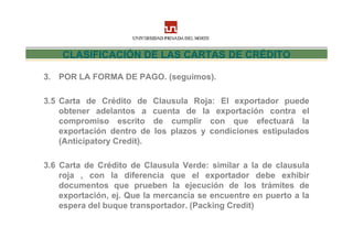CLASIFICACIÓN DE LAS CARTAS DE CRÉDITO

3. POR LA FORMA DE PAGO. (seguimos).

3.5 Carta de Crédito de Clausula Roja: El exportador puede
    obtener adelantos a cuenta de la exportación contra el
    compromiso escrito de cumplir con que efectuará la
    exportación dentro de los plazos y condiciones estipulados
    (Anticipatory Credit).

3.6 Carta de Crédito de Clausula Verde: similar a la de clausula
    roja , con la diferencia que el exportador debe exhibir
    documentos que prueben la ejecución de los trámites de
    exportación, ej. Que la mercancía se encuentre en puerto a la
    espera del buque transportador. (Packing Credit)
 