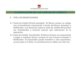 CLASIFICACIÓN DE LAS CARTAS DE CRÉDITO

4. POR LOS BENEFICIARIOS:

4.1 Carta de Crédito Directa (straight) : El Banco emisor se obliga
    con el beneficiario únicamente a través del Banco Avisador o
    Notificador. Los derechos sobre la carta de crédito NO pueden
    ser transferidos a terceros bancos que intervienen en la
    operación.
4.1 Carta de Crédito Transferible: El Banco Emisor se compromete
    a pagar a cualquier banco, aunque no sea el banco avisador o
    Notificador. El exportador puede transferir a otro exportador,
    ya sea parte o el total. La transferencia es válida una sola vez.
 