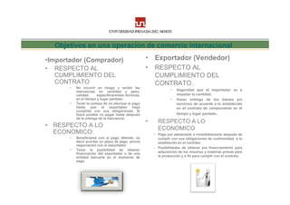 Objetivos en una operación de comercio internacional

•Importador (Comprador)                               • Exportador (Vendedor)
•   RESPECTO AL                                       •   RESPECTO AL
    CUMPLIMIENTO DEL                                      CUMPLIMIENTO DEL
    CONTRATO                                              CONTRATO.
                                                          CONTRATO
        •   No incurrir en riesgo y recibir las
            mercancías en cantidad y peso,                          •   Seguridad que el importador va a
            calidad,     especificaciones técnicas,                     respetar la cantidad.
            en el tiempo y lugar pactado.                           •   Hacer entrega de los bienes y/o
        •   Tener la certeza de no efectuar el pago                     servicios de acuerdo a lo establecido
            hasta que el exportador haya                                en el contrato de compraventa en el
            cumplido con sus obligaciones. Si
            fuera posible no pagar hasta después                        tiempo y lugar pactado.
            de la entrega de la mercancía.
                                                      •     RESPECTO A LO
• RESPECTO A LO                                             ECONOMICO
  ECONOMICO:
  ECONOMICO:                                              – Pago por adelantado o inmediatamente después de
        •   Beneficiarse con el pago diferido. es           cumplir con sus obligaciones de conformidad a lo
            decir acordar un plazo de pago previa           establecido en el contrato.
            negociación con el exportador.
                                                          – Posibilidades de obtener pre financiamiento para
        •   Tener la posibilidad de obtener
                                                            adquisición de los insumos y materias primas para
            financiación del exportador o de una
            entidad bancaria en el momento de               la producción y a fin para cumplir con el contrato.
            pago.
 