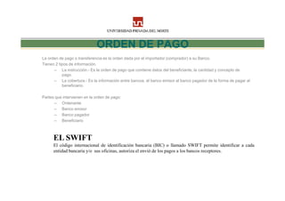 ORDEN DE PAGO
La orden de pago o transferencia es la orden dada por el importador (comprador) a su Banco.
Tienen 2 tipos de información.
      – La instrucción.- Es la orden de pago que contiene datos del beneficiante, la cantidad y concepto de
           pago.
      – La cobertura.- Es la información entre bancos, el banco emisor al banco pagador de la forma de pagar al
           beneficiario.

Partes que intervienen en la orden de pago:
      – Ordenante
      – Banco emisor
      – Banco pagador
      – Beneficiario



      EL SWIFT
      El código internacional de identificación bancaria (BIC) o llamado SWIFT permite identificar a cada
      entidad bancaria y/o sus oficinas, autoriza el envió de los pagos a los bancos receptores.
 