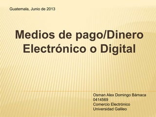 Medios de pago/Dinero
Electrónico o Digital
Osman Alex Domingo Bámaca
0414569
Comercio Electrónico
Universidad Galileo
Guatemala, Junio de 2013
 