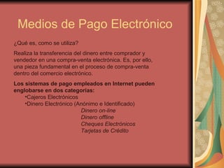 Medios de Pago Electrónico ¿Qué es, como se utiliza? Realiza la transferencia del dinero entre comprador y vendedor en una compra-venta electrónica. Es, por ello, una pieza fundamental en el proceso de compra-venta dentro del comercio electrónico. Los sistemas de pago empleados en Internet pueden englobarse en dos categorías:   Cajeros Electrónicos Dinero Electrónico (Anónimo e Identificado) Dinero on-line Dinero offline Cheques Electrónicos Tarjetas de Crédito 