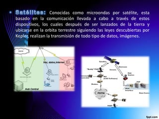 Conocidas como microondas por satélite, esta
basado en la comunicación llevada a cabo a través de estos
dispositivos, los cuales después de ser lanzados de la tierra y
ubicarse en la orbita terrestre siguiendo las leyes descubiertas por
Kepler, realizan la transmisión de todo tipo de datos, imágenes.
 