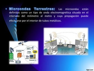 Las microondas están
definidas como un tipo de onda electromagnética situada en el
intervalo del milímetro al metro y cuya propagación puede
efectuarse por el interior de tubos metálicos.
 