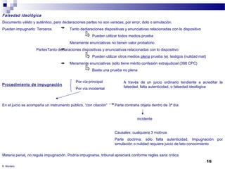 A través de un juicio ordinario tendiente a acreditar la 
falsedad, falta autenticidad, o falsedad ideológica 
16 
Falsedad ideológica 
Documento válido y auténtico, pero declaraciones partes no son veraces, por error, dolo o simulación. 
Pueden impugnarlo: Terceros Tanto declaraciones dispositivas y enunciativas relacionadas con lo dispositivo 
Pueden utilizar todos medios prueba 
Meramente enunciativas no tienen valor probatorio 
PartesTanto declaraciones dispositivas y enunciativas relacionadas con lo dispositivo 
Pueden utilizar otros medios plena prueba (ej. testigos (nulidad mat) 
Meramente enunciativas (sólo tiene mérito confesión extrajudicial (398 CPC) 
Basta una prueba no plena 
Procedimiento de impugnación 
Por vía principal 
Por vía incidental 
En el juicio se acompaña un instrumento público, “con citaciòn” Parte contraria objeta dentro de 3ª día 
incidente 
Causales: cualquiera 3 motivos 
Parte doctrina: sólo falta autenticidad. Impugnación por 
simulación o nulidad requiere juicio de lato conocimiento 
Materia penal, no regula impugnación. Podría impugnarse, tribunal apreciará conforme reglas sana crítica 
R. Montero 
 