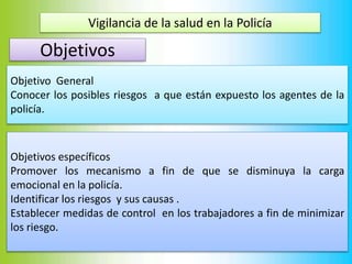Vigilancia de la salud en la Policía
Objetivos
Objetivos específicos
Promover los mecanismo a fin de que se disminuya la carga
emocional en la policía.
Identificar los riesgos y sus causas .
Establecer medidas de control en los trabajadores a fin de minimizar
los riesgo.
Objetivo General
Conocer los posibles riesgos a que están expuesto los agentes de la
policía.
 