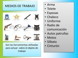 MEDIOS DE TRABAJO • Arma
• Tolete
• Esposas
• Chaleco
• Uniforme
• Radio de
comunicación
• Autos patrullas
• Motos
• Silbato
• CinturónSon las herramientas utilizadas
para actuar sobre el objeto de
trabajo
 