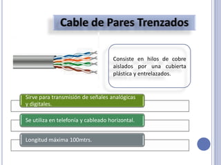 Consiste en hilos de cobre
aislados por una cubierta
plástica y entrelazados.
Sirve para transmisión de señales analógicas
y digitales.
Se utiliza en telefonía y cableado horizontal.
Longitud máxima 100mtrs.
 