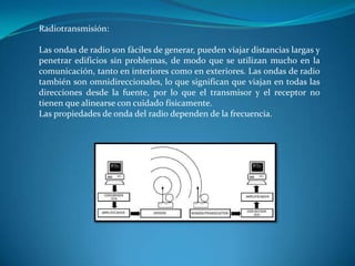 Radiotransmisión:
Las ondas de radio son fáciles de generar, pueden viajar distancias largas y
penetrar edificios sin problemas, de modo que se utilizan mucho en la
comunicación, tanto en interiores como en exteriores. Las ondas de radio
también son omnidireccionales, lo que significan que viajan en todas las
direcciones desde la fuente, por lo que el transmisor y el receptor no
tienen que alinearse con cuidado físicamente.
Las propiedades de onda del radio dependen de la frecuencia.
 