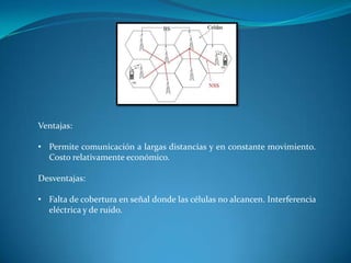 Ventajas:
• Permite comunicación a largas distancias y en constante movimiento.
Costo relativamente económico.
Desventajas:
• Falta de cobertura en señal donde las células no alcancen. Interferencia
eléctrica y de ruido.
 