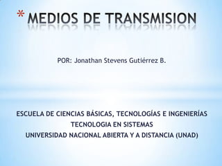*
POR: Jonathan Stevens Gutiérrez B.

ESCUELA DE CIENCIAS BÁSICAS, TECNOLOGÍAS E INGENIERÍAS
TECNOLOGIA EN SISTEMAS
UNIVERSIDAD NACIONAL ABIERTA Y A DISTANCIA (UNAD)

 