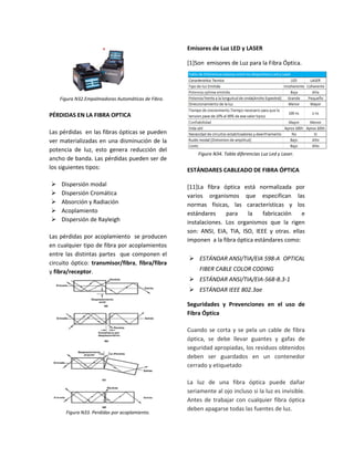 Figura N32.Empalmadoras Automáticas de Fibra.
PÉRDIDAS EN LA FIBRA OPTICA
Las pérdidas en las fibras ópticas se pueden
ver materializadas en una disminución de la
potencia de luz, esto genera reducción del
ancho de banda. Las pérdidas pueden ser de
los siguientes tipos:
 Dispersión modal
 Dispersión Cromática
 Absorción y Radiación
 Acoplamiento
 Dispersión de Rayleigh
Las pérdidas por acoplamiento se producen
en cualquier tipo de fibra por acoplamientos
entre las distintas partes que componen el
circuito óptico: transmisor/fibra, fibra/fibra
y fibra/receptor.
Figura N33. Perdidas por acoplamiento.
Emisores de Luz LED y LASER
[1]Son emisores de Luz para la Fibra Óptica.
Figura N34. Tabla diferencias Luz Led y Laser.
ESTÁNDARES CABLEADO DE FIBRA ÓPTICA
[11]La fibra óptica está normalizada por
varios organismos que especifican las
normas físicas, las características y los
estándares para la fabricación e
instalaciones. Los organismos que la rigen
son: ANSI, EIA, TIA, ISO, IEEE y otras. ellas
imponen a la fibra óptica estándares como:
 ESTÁNDAR ANSI/TIA/EIA 598-A OPTICAL
FIBER CABLE COLOR CODING
 ESTÁNDAR ANSI/TIA/EIA-568-B.3-1
 ESTÁNDAR IEEE 802.3ae
Seguridades y Prevenciones en el uso de
Fibra Óptica
Cuando se corta y se pela un cable de fibra
óptica, se debe llevar guantes y gafas de
seguridad apropiadas, los residuos obtenidos
deben ser guardados en un contenedor
cerrado y etiquetado
La luz de una fibra óptica puede dañar
seriamente al ojo incluso si la luz es invisible.
Antes de trabajar con cualquier fibra óptica
deben apagarse todas las fuentes de luz.
 