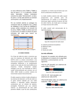 La única diferencia entre T568A y T568B es
que los pares 1, 2, 3 y 6 (Naranja y Verde)
están alternados. Ambos estándares
conectan los cables "directamente", es decir,
los pines 1 a 8 de cada extremo se conectan
con los pines 1 a 8, respectivamente.
Por eso también además se catalogan las
conexiones bajo las categorías Cat 5, (abajo
de 100Mbps) y Cat 6 (arriba de 100Mbps);2
aunque ambos estándares de conexión de
los pines, T568A y T568B, se utilizan para Cat
5 y para Cat 6, en ambos se utilizan los pares
trenzados del cable para reducir las
interferencias.
Figura N8 .Velocidad de cable según su categoría
2.3 CABLE COAXIAL
Es el tipo de cable de cobre o aluminio que
usan las empresas de televisión por cable
(CATV) entre su antena comunitaria y las
casas de los usuarios. A veces lo emplean las
compañías telefónicas y es ampliamente
usado en las redes de área local (LAN) de las
empresas. Puede transportar señales
análogas y de voz. Fue inventado en 1929 y
usado comercialmente por primera vez en
1941. AT&T tendió su primer sistema de
transmisión coaxial intercontinental.
El cable coaxial es similar al cable utilizado en
las antenas de televisión: un hilo de cobre en
la parte central rodeado por una malla
metálica y separados ambos elementos
conductores por un cilindro de plástico,
protegidos finalmente por una cubierta
exterior. La denominación de este cable
proviene debido a que los dos conductores
comparten un mismo eje de forma que uno
de los conductores envuelva al otro.
La malla metálica exterior del cable coaxial
proporciona una pantalla para las
interferencias. En cuanto a la atenuación,
disminuye según aumenta el grosor del hilo
de cobre interior, de modo que se consigue
un mayor alcance de la señal.
El cable coaxial está estructurado de la
siguiente manera:
Figura N9. Composición del cable coaxial
A: Cubierta protectora de plástico
B: Malla de cobre
C: Aislante
D: Núcleo de cobre
Los más utilizados
En general, los coaxiales más utilizados para
el cableado en la industria de la seguridad
electrónica y comunicaciones son los
siguientes:
• RG 59 U PP (pesado), con cobertura de
malla al 90%, 75 Ohms
Figura N10. Cable coaxial RG 59 PP
• RG 59 U SP (semi pesado), con
cobertura de malla al 67%
• RG 59 DM (doble malla), con cobertura de
malla 67% + 90%, 75 Ohms
Figura N11. Cable coaxial RG 59 DM
 