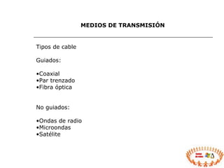 MEDIOS DE TRANSMISIÓN Tipos de cable Guiados: Coaxial Par trenzado Fibra óptica No guiados: Ondas de radio Microondas Satélite 