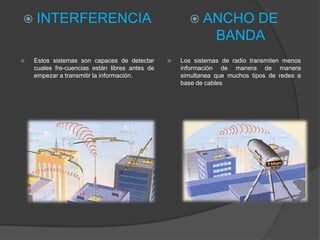  INTERFERENCIA                                        ANCHO      DE
                                                               BANDA
   Estos sistemas son capaces de detectar         Los sistemas de radio transmiten menos
    cuales fre-cuencias están libres antes de       información de manera de manera
    empezar a transmitir la información.            simultanea que muchos tipos de redes a
                                                    base de cables
 