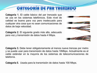 Categoría 1. El cable básico del par trenzado que
se usa en los sistemas telefónicos. Este nivel de
calidad es bueno para voz pero inadecuado para
cualquier otra cosa que no sean comunicaciones de
datos de baja velocidad.

Categoría 2. El siguiente grado más alto, adecuado
para voz y transmisión de datos hasta 4 Mbps.




Categoría 3. Debe tener obligatoriamente al menos nueve trenzas por metro
y se puede usar para transmisión de datos hasta 10Mbps. Actualmente es el
cable estándar en la mayoría de los sistemas de telecomunicaciones de
telefonía.

Categoría 5. Usada para la transmisión de datos hasta 100 Mbps.
 