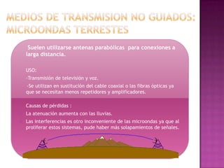 Suelen utilizarse antenas parabólicas para conexiones a
    larga distancia.

    USO:
    -Transmisión de televisión y voz.
    -Se utilizan en sustitución del cable coaxial o las fibras ópticas ya
    que se necesitan menos repetidores y amplificadores.

    Causas de pérdidas :
   La atenuación aumenta con las lluvias.
   Las interferencias es otro inconveniente de las microondas ya que al
    proliferar estos sistemas, pude haber más solapamientos de señales.
 