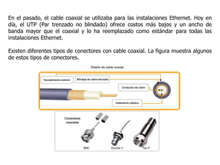 En el pasado, el cable coaxial se utilizaba para las instalaciones Ethernet. Hoy en
día, el UTP (Par trenzado no blindado) ofrece costos más bajos y un ancho de
banda mayor que el coaxial y lo ha reemplazado como estándar para todas las
instalaciones Ethernet.
Existen diferentes tipos de conectores con cable coaxial. La figura muestra algunos
de estos tipos de conectores.
 