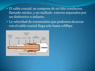  El cable coaxial: se compone de un hilo conductor,
llamado núcleo, y un mallado externo separados por
un dieléctrico o aislante,
 La velocidad de transmisión que podemos alcanzar
con el cable coaxial llega solo hasta 10Mbps
 
