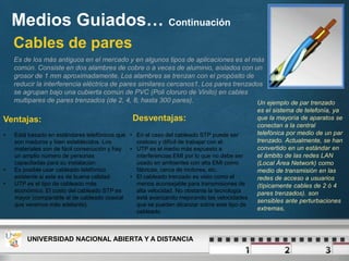 Medios Guiados… Continuación
Cables de pares
Es de los más antiguos en el mercado y en algunos tipos de aplicaciones es el más
común. Consiste en dos alambres de cobre o a veces de aluminio, aislados con un
grosor de 1 mm aproximadamente. Los alambres se trenzan con el propósito de
reducir la interferencia eléctrica de pares similares cercanos1. Los pares trenzados
se agrupan bajo una cubierta común de PVC (Poli cloruro de Vinilo) en cables
multipares de pares trenzados (de 2, 4, 8, hasta 300 pares).
Ventajas:
UNIVERSIDAD NACIONAL ABIERTA Y A DISTANCIA
Un ejemplo de par trenzado
es el sistema de telefonía, ya
que la mayoría de aparatos se
conectan a la central
telefónica por medio de un par
trenzado. Actualmente, se han
convertido en un estándar en
el ámbito de las redes LAN
(Local Área Network) como
medio de transmisión en las
redes de acceso a usuarios
(típicamente cables de 2 ó 4
pares trenzados). son
sensibles ante perturbaciones
extremas,
Desventajas:
• Está basado en estándares telefónicos que
son maduros y bien establecidos. Los
materiales son de fácil consecución y hay
un amplio número de personas
capacitadas para su instalación.
• Es posible usar cableado telefónico
existente si este es de buena calidad.
• UTP es el tipo de cableado más
económico. El costo del cableado STP es
mayor (comparable al de cableado coaxial
que veremos más adelante).
• En el caso del cableado STP puede ser
costoso y difícil de trabajar con el.
• UTP es el medio más expuesto a
interferencias EMI por lo que no debe ser
usado en ambientes con alta EMI como
fábricas, cerca de motores, etc.
• El cableado trenzado es visto como el
menos aconsejable para transmisiones de
alta velocidad. No obstante la tecnología
está avanzando mejorando las velocidades
que se pueden alcanzar sobre este tipo de
cableado.
 
