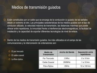 Medios de transmisión guiados
 Están constituidos por un cable que se encarga de la conducción (o guiado) de las señales
desde un extremo al otro. Las principales características de los medios guiados son el tipo de
conductor utilizado, la velocidad máxima de transmisión, las distancias máximas que puede
ofrecer entre repetidores, la inmunidad frente a interferencias electromagnéticas, la facilidad de
instalación y la capacidad de soportar diferentes tecnologías de nivel de enlace.
 Dentro de los medios de transmisión guiados, los más utilizados en el campo de las
comunicaciones y la interconexión de ordenadores son:
 El par trenzado
 El cable coaxial:
 La fibra óptica.

 