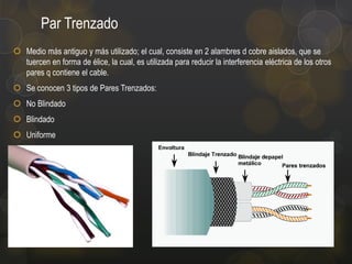 Par Trenzado
 Medio más antiguo y más utilizado; el cual, consiste en 2 alambres d cobre aislados, que se
tuercen en forma de élice, la cual, es utilizada para reducir la interferencia eléctrica de los otros
pares q contiene el cable.
 Se conocen 3 tipos de Pares Trenzados:
 No Blindado
 Blindado
 Uniforme

 