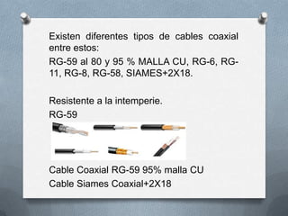 Existen diferentes tipos de cables coaxial
entre estos:
RG-59 al 80 y 95 % MALLA CU, RG-6, RG11, RG-8, RG-58, SIAMES+2X18.
Resistente a la intemperie.
RG-59

Cable Coaxial RG-59 95% malla CU
Cable Siames Coaxial+2X18

 