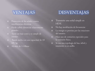    Protección de las señales contra           Transmite una señal simple en
    interferencias eléctricas                   HDX
   Puede cubrir distancias relativamente      No hay modelación de frecuencias
    grandes.                                   La energía es provista por las estaciones
   Tiene un bajo costo y es simple de          del usuario.
    instalar.                                  Hace uso de contactos especiales para
    Banda ancha con una capacidad de 10        la conexión física.
    mb/sg.                                     Se usa una topología de bus, árbol y
   Alcance de 1-10kms                          raramente es en anillo.
 