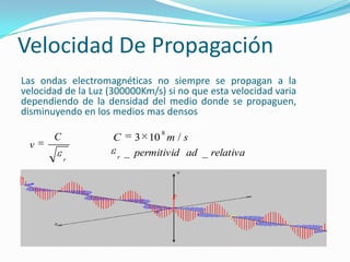 Velocidad De Propagación
Las ondas electromagnéticas no siempre se propagan a la
velocidad de la Luz (300000Km/s) si no que esta velocidad varia
dependiendo de la densidad del medio donde se propaguen,
disminuyendo en los medios mas densos
r
C
v
smC /103
8
relativaadpermitividr
__
 